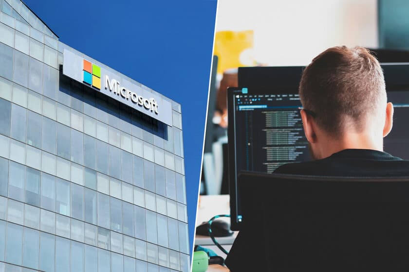 Gráfico de barras descendente con logos de empresas tecnológicas y un robot al fondo