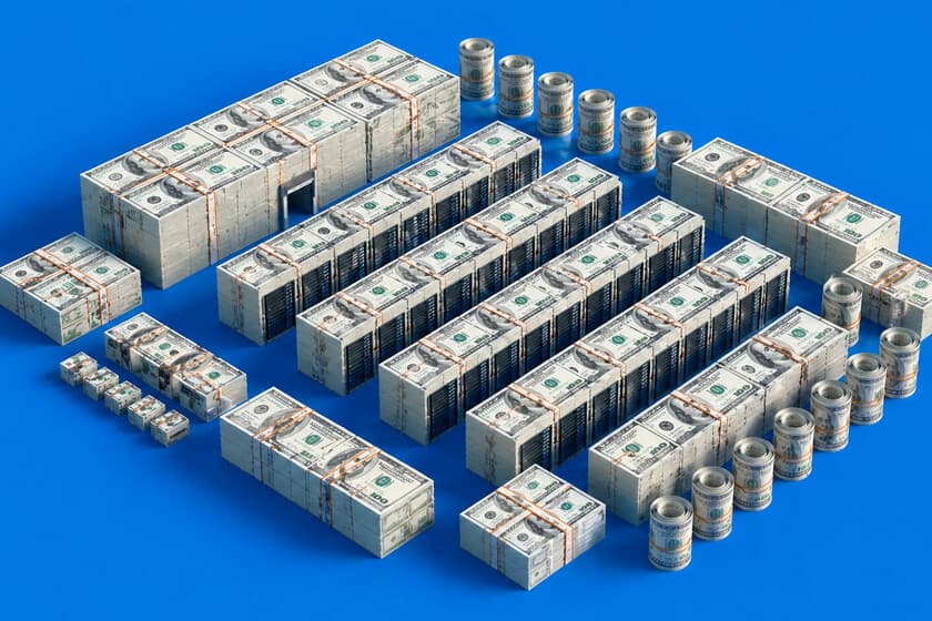 Ilustración de un centro de datos con tuberías de las que fluye atención humana hacia una nube etiquetada como 'IA'