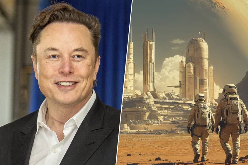 Ilustración de una colonia en Marte con naves de SpaceX, en tonos rojos y azules, con un reloj de arena en primer plano