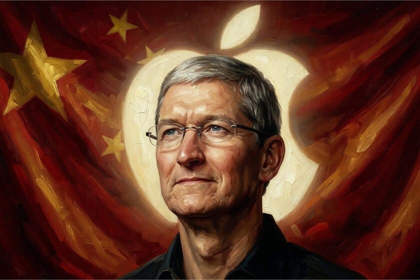 Tim Cook en el escenario de un evento de Apple, con gráficos de acciones al fondo