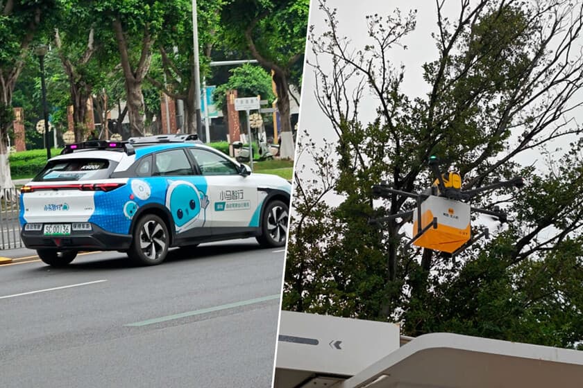 Dron de reparto de Meituan aterrizando en un kiosco amarillo en Shenzhen, con edificios modernos de fondo.