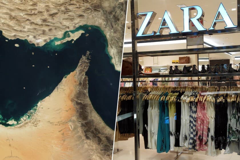 Prendas de ropa en perchas con etiquetas de precio subiendo, fondo de bandera iraní y barriles de petróleo