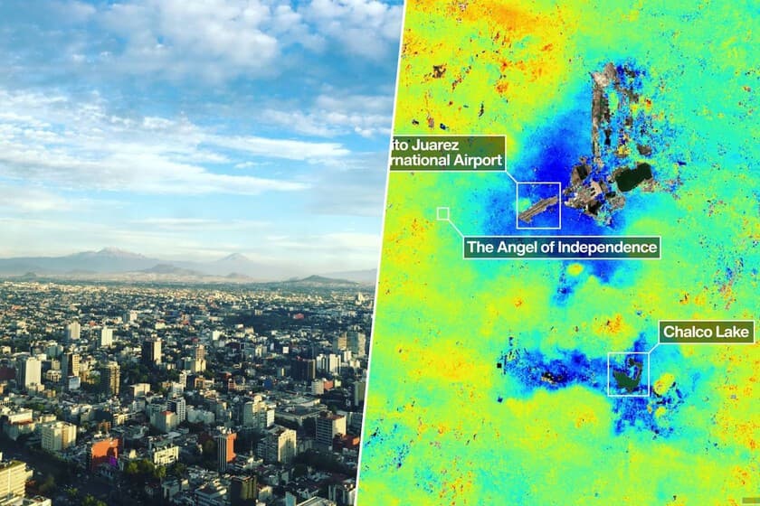 Mapa satelital de hundimiento de Ciudad de México con zonas azules de mayor subsidencia