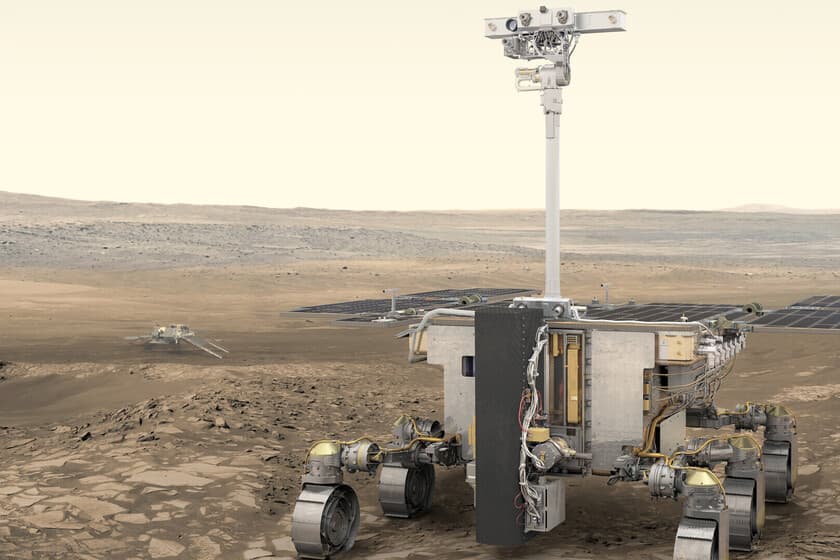 Ilustración del rover Rosalind Franklin en la superficie de Marte, con el desierto de Almería al fondo en tonos sepia.