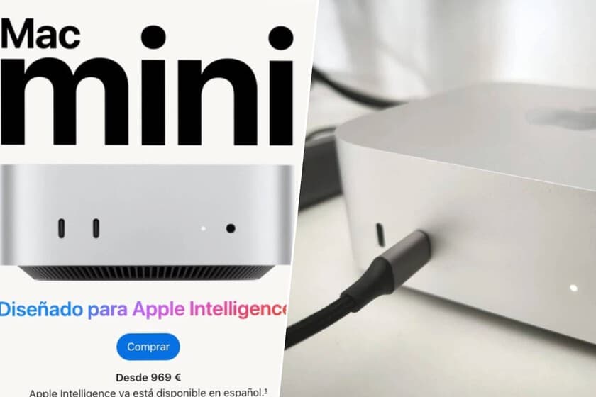 Mac Mini M4 sobre una mesa, con un SSD portátil al lado, en un entorno minimalista.