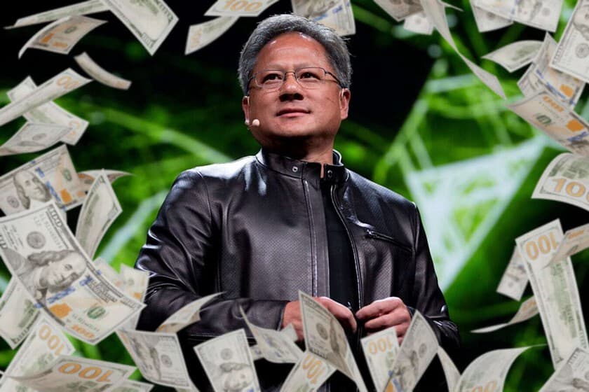 Ilustración de engranajes digitales conectados a un chip Nvidia, con una figura humana diminuta al lado