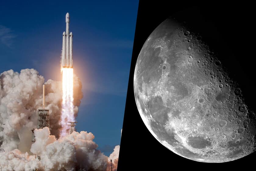 Ilustración de un cohete Falcon 9 dirigiéndose hacia la Luna, con fragmentos de basura espacial alrededor
