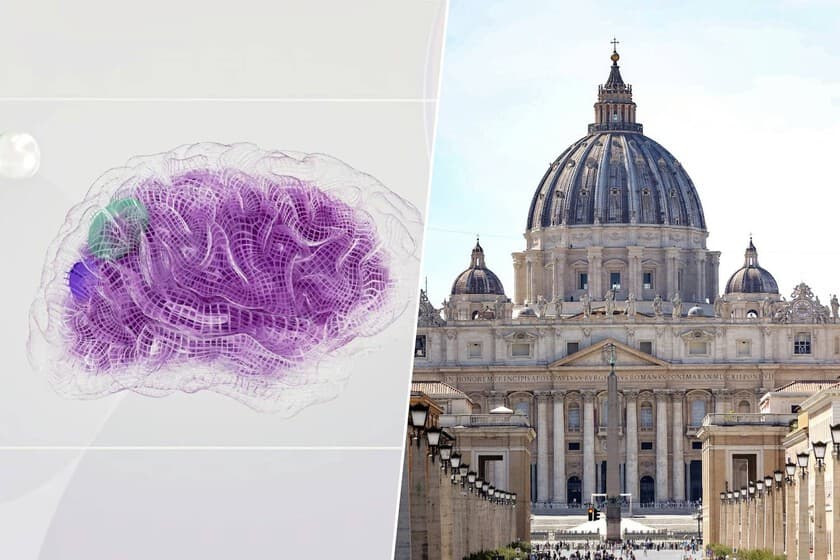 Fachada del Vaticano con un fondo de circuitos digitales