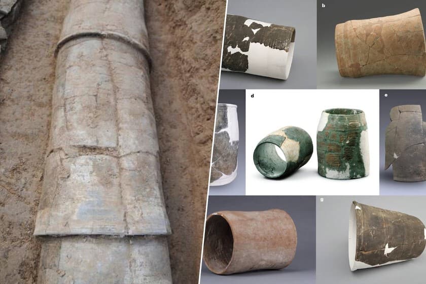 Ilustración de una antigua tubería de cerámica en un yacimiento arqueológico, con un grupo de personas trabajando en arm