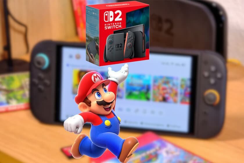 Fotografía de una Nintendo Switch 2 junto a su caja y un videojuego, sobre una mesa minimalista.