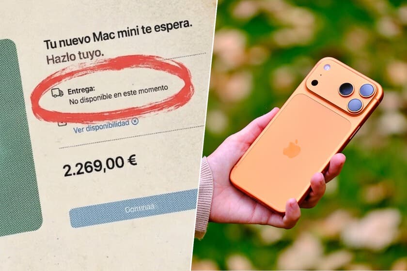 Primer plano de un iPhone con el precio tachado y un gráfico de costes de memoria al alza