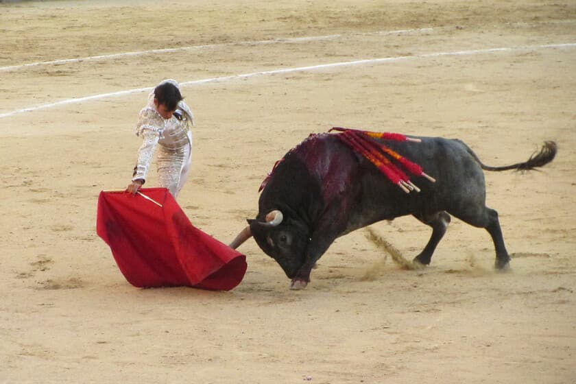 Plaza de toros vacía en un pueblo de la España rural, al atardecer