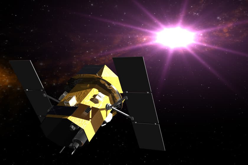 Ilustración del telescopio Swift en órbita terrestre, con un brazo robótico acercándose para acoplarlo.