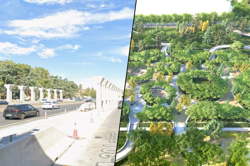 Vista aérea del parque sobre la M-30 con grúas y vigas de hormigón