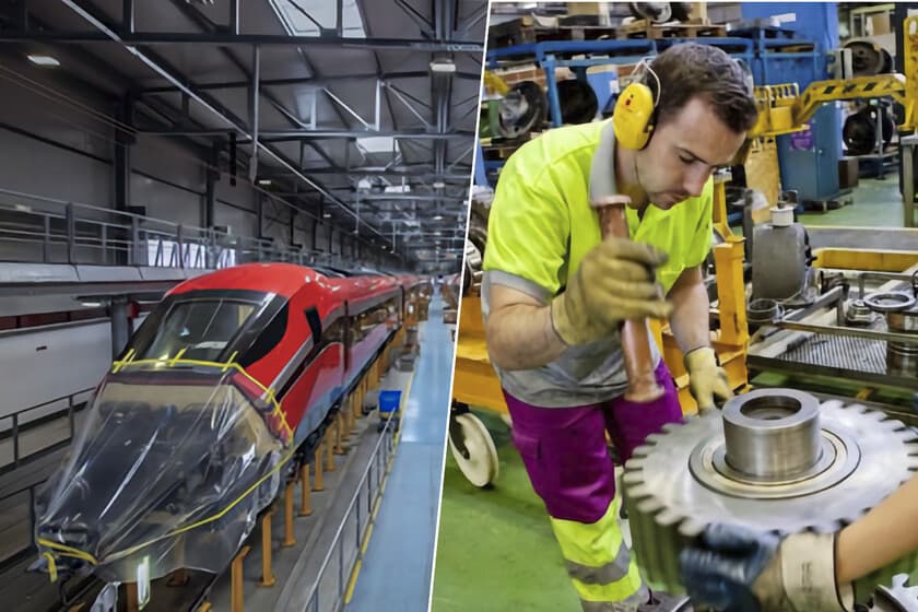 Tren AVE en una estación, con vías y señales ferroviarias