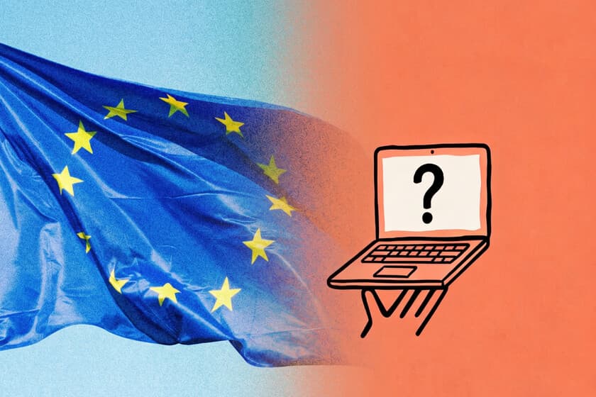 Mapa de Europa con un candado digital sobre el continente, rodeado de servidores y gráficos financieros
