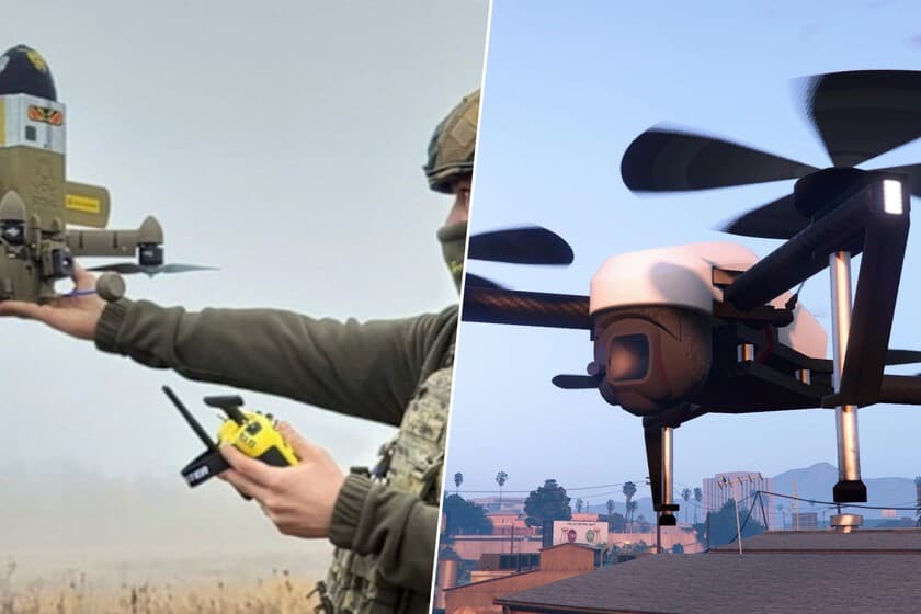 Captura de pantalla de Grand Theft Auto V con un dron sobrevolando una ciudad