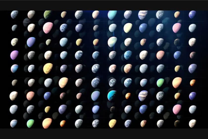 Ilustración del telescopio TESS frente a un fondo estrellado con puntos brillantes que representan exoplanetas