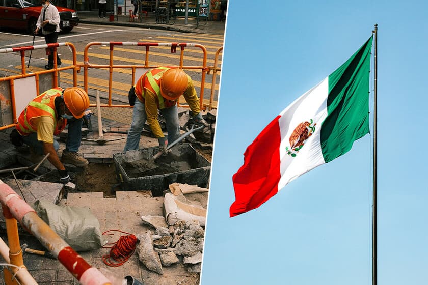 Gráfico de barras que muestra la reducción progresiva de horas laborales en México de 2026 a 2030, con un reloj de arena