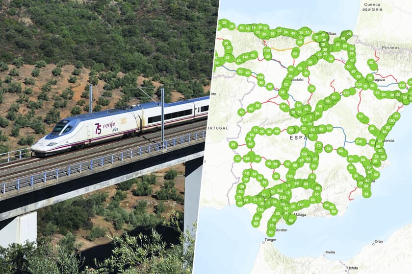 Tren de alta velocidad detenido en una vía con señales de limitación de velocidad