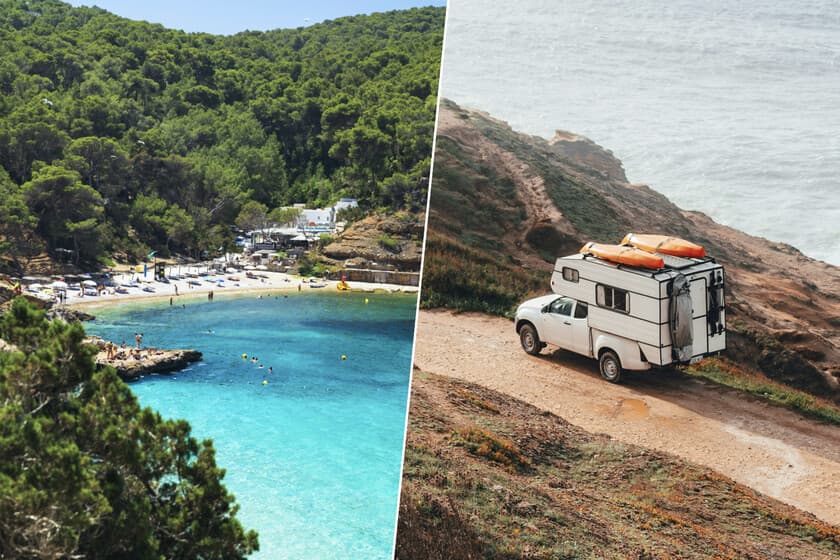 Furgoneta aparcada junto a la costa de Ibiza al atardecer, con una multa en el parabrisas