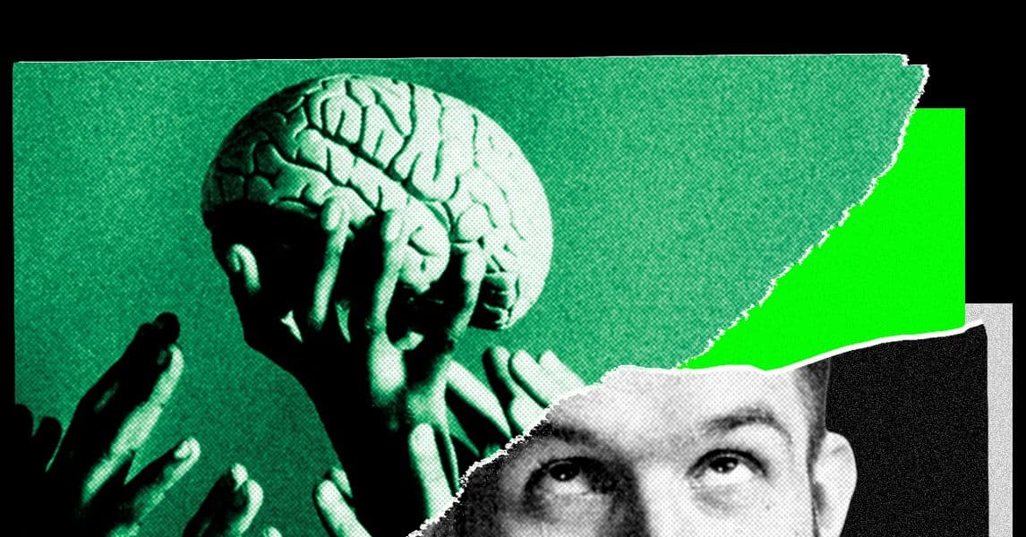 Ilustración de un cerebro humano con zonas apagadas mientras una mano toca una pantalla de IA