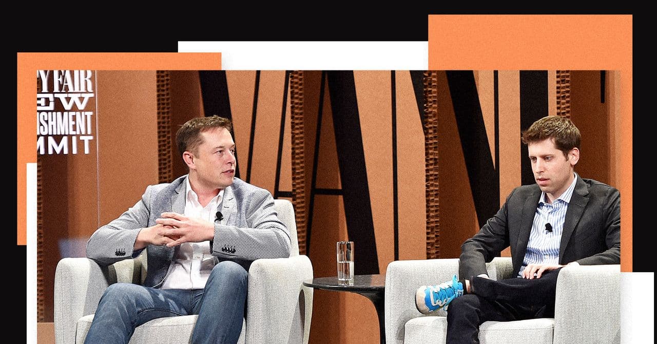Elon Musk y Sam Altman en una sala de tribunal, con fondo de servidores de IA