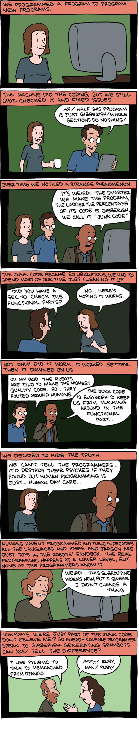 Viñeta de SMBC mostrando un programa que programa otro programa, en un bucle recursivo