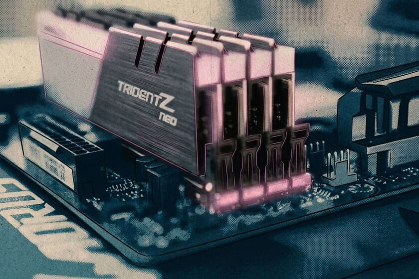 Módulos de memoria RAM DDR5 iluminados en una placa base oscura