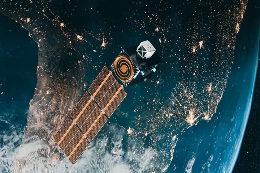 Ilustración de un satélite recolector de basura espacial en órbita terrestre, con fondo de estrellas y restos de satélit
