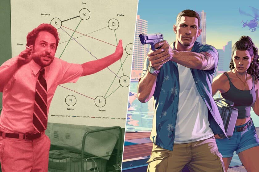 Collage de un cielo estrellado con el logo de GTA VI y un reloj de arena