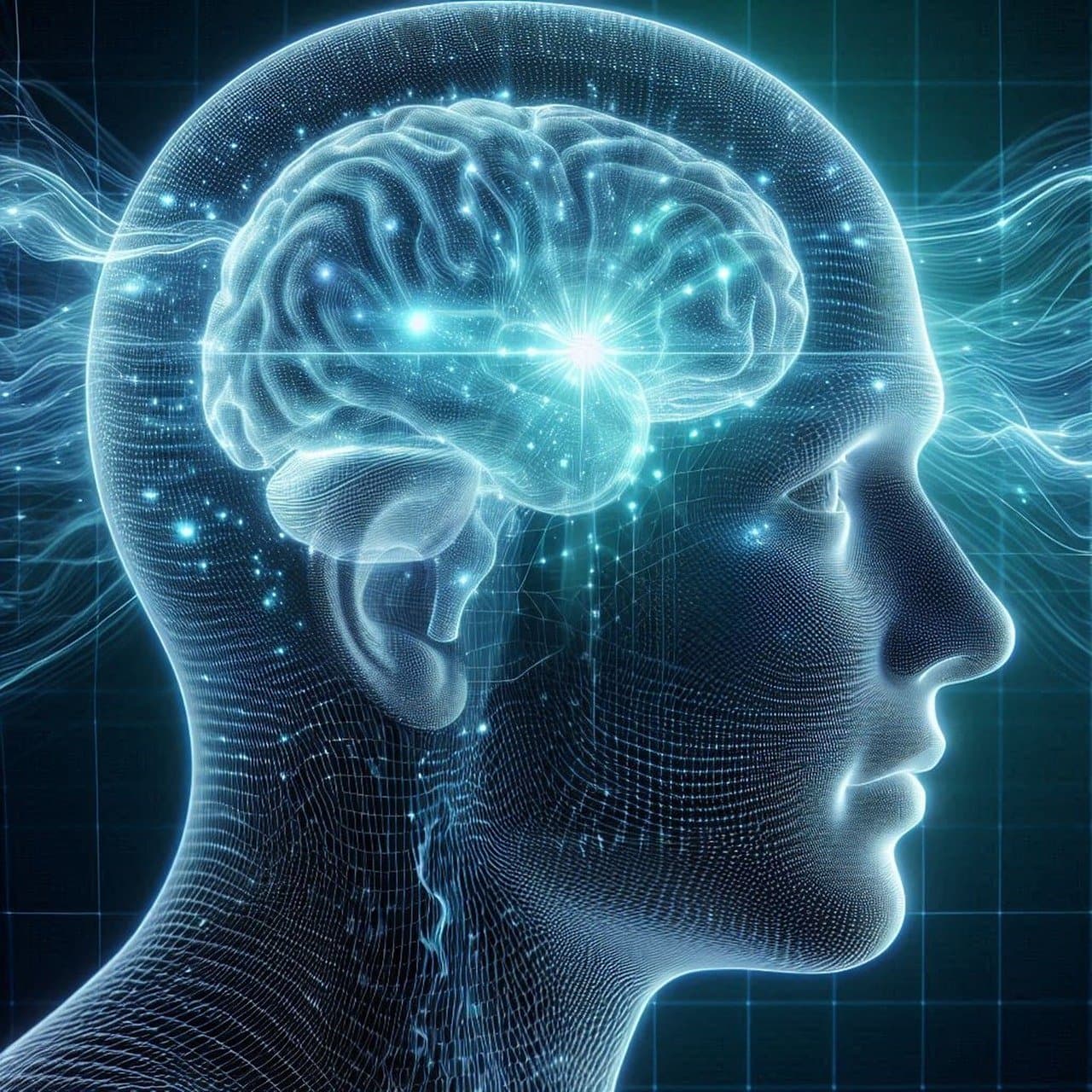 Ilustración de un cerebro humano con ondas de sonido y palabras flotando en un fondo oscuro, simbolizando el procesamien