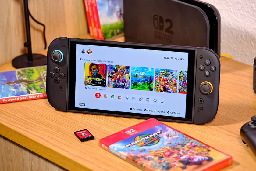 Ilustración de una Nintendo Switch 2 rodeada de chips de memoria y gráficos de precios al alza