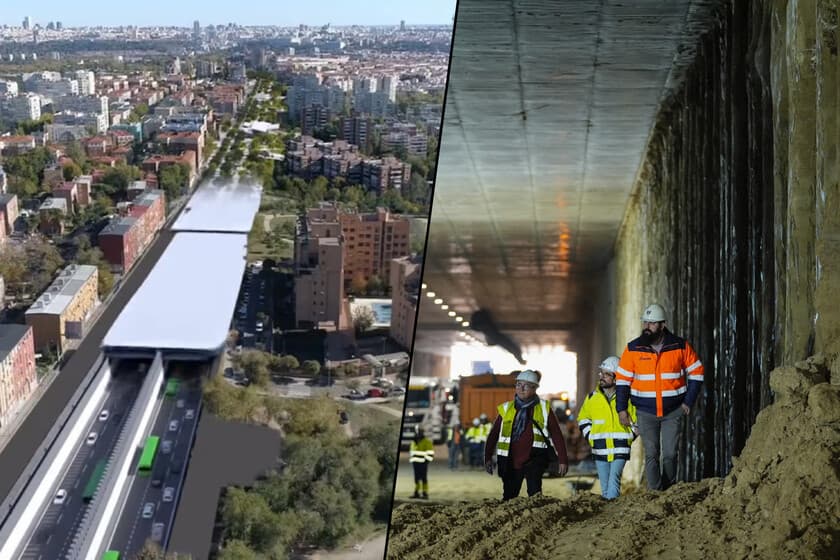 Vista aérea de la obra del túnel de la A-5 en Madrid, con maquinaria y el trazado soterrado