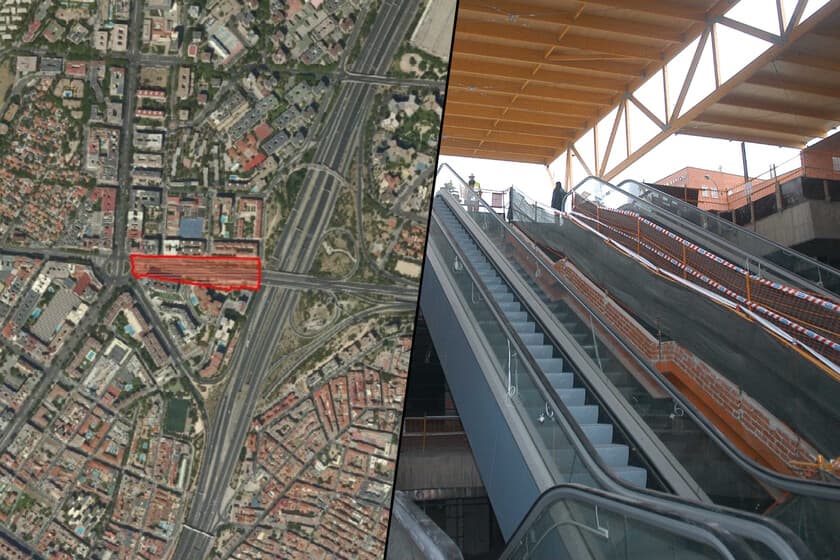 Atasco de coches en Madrid con cartel de obras del intercambiador de Conde de Casal