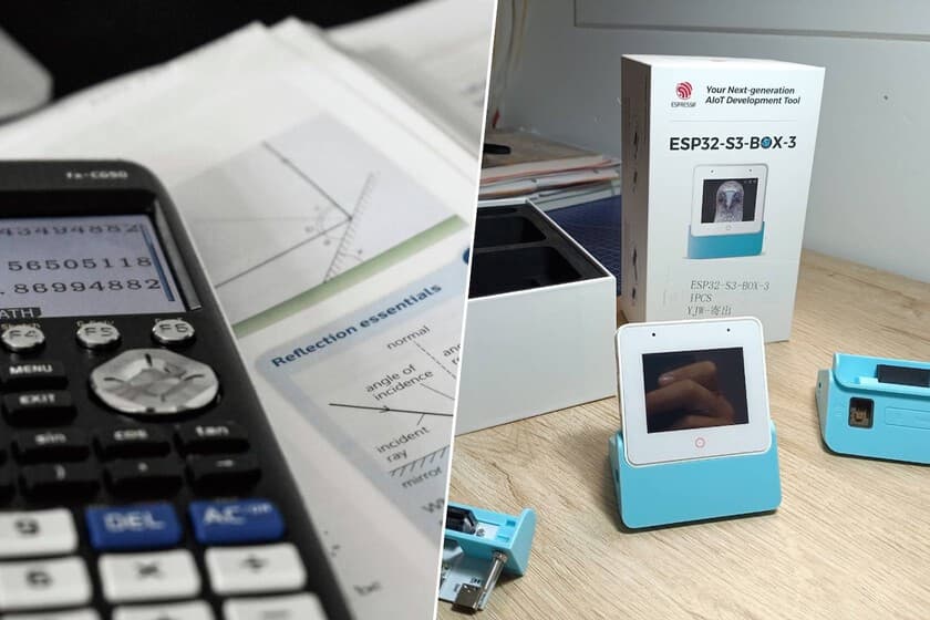 Un adolescente frente a una computadora con código en pantalla, junto a una calculadora gráfica de bajo costo.