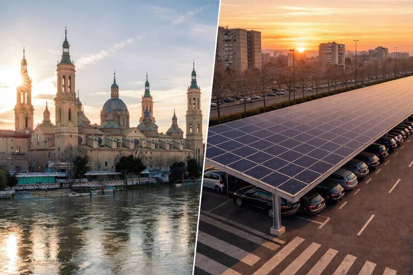 Marquesinas fotovoltaicas en un aparcamiento de Zaragoza, con coches bajo la sombra de los paneles solares.