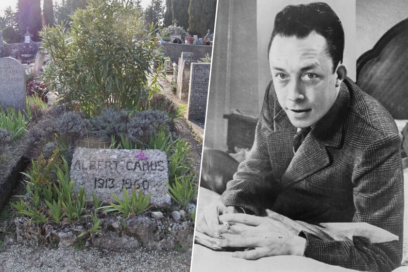 Fotografía en blanco y negro de Albert Camus fumando, con expresión seria y mirada profunda.