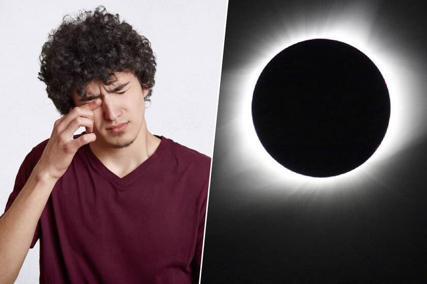 Persona mirando al cielo con gafas de eclipse, fondo anaranjado, expresión de asombro
