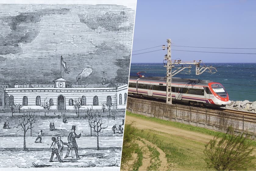 Tren antiguo circulando por vías en un paisaje rural, con pasajeros asomados a las ventanillas.