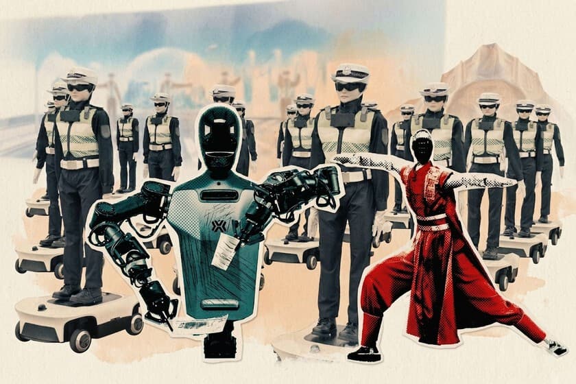 Comparación visual entre un robot humanoide bailando (EE.UU.) y otro trabajando en una fábrica (China).