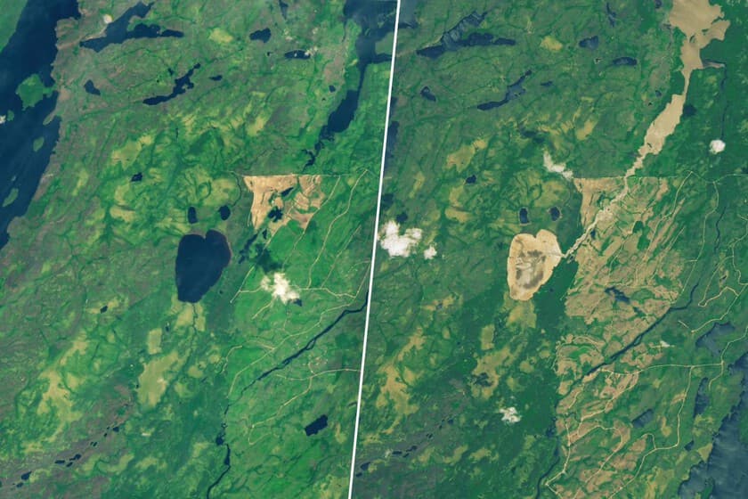 Imagen satelital de la NASA mostrando el lago Rouge antes y después de su desaparición, con un marcado contraste entre e