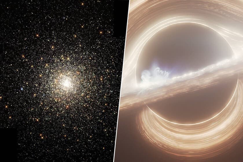 Ilustración artística de dos agujeros negros fusionándose en un remolino de luz y materia