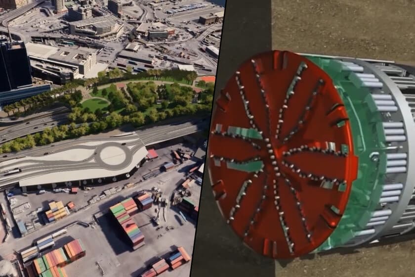 Tuneladora gigante bajo el mar en construcción del puerto de Génova