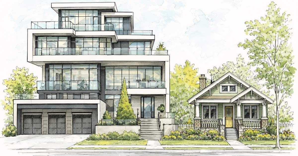Ilustración de un barrio con edificios de código y personas desplazadas al fondo