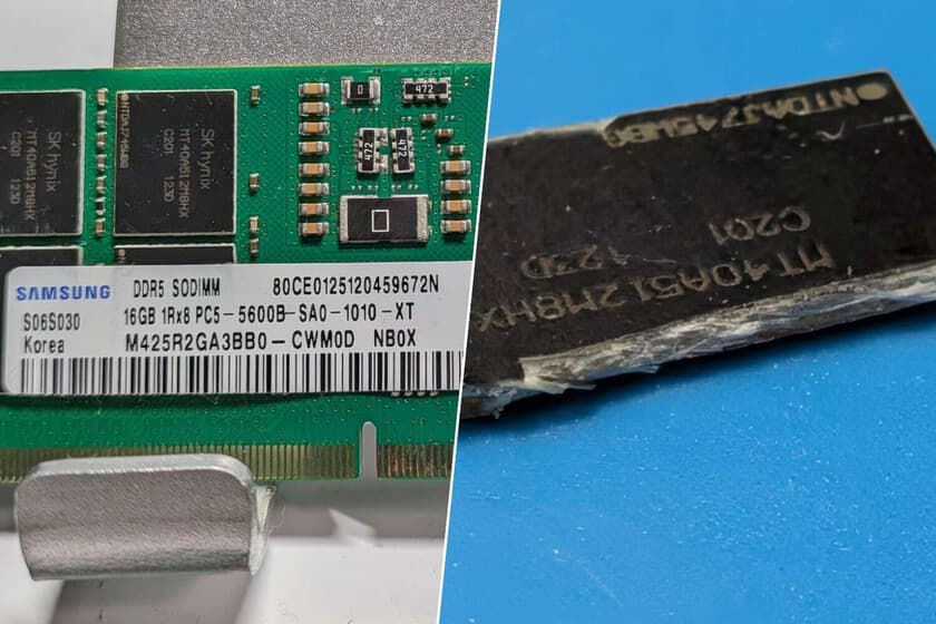 Primer plano de un módulo de memoria RAM DDR5 con etiqueta sospechosa y marcas de desgaste