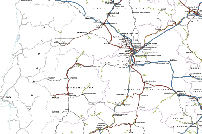 Mapa de España con estaciones de AVE y radios de 30 minutos alrededor de cada una