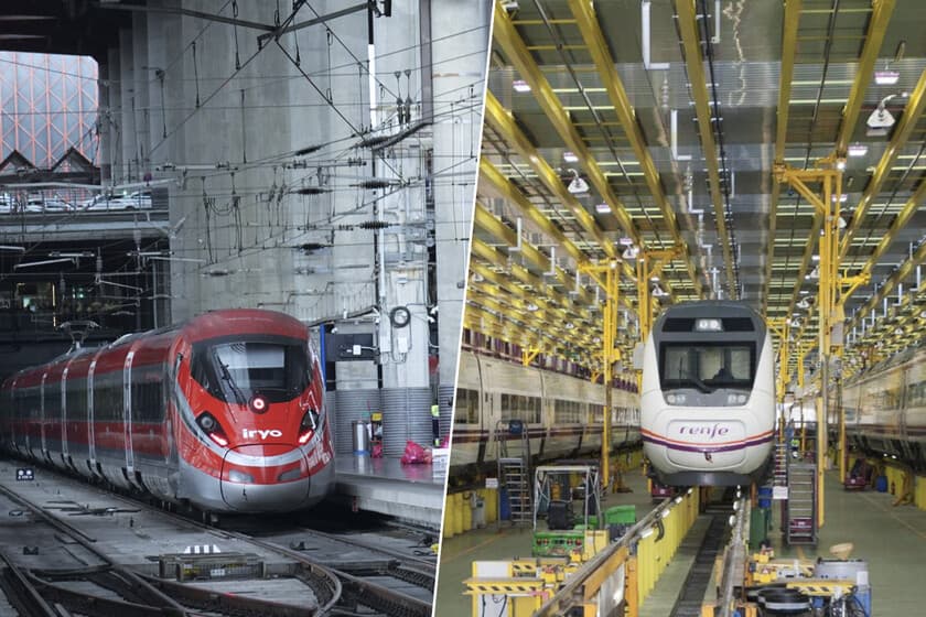 Tren de alta velocidad Iryo en estación, con fondo de vías y talleres