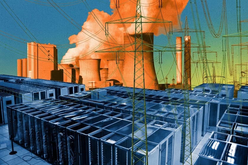 Mapa de Europa con centros de datos brillando y líneas eléctricas sobrecargadas