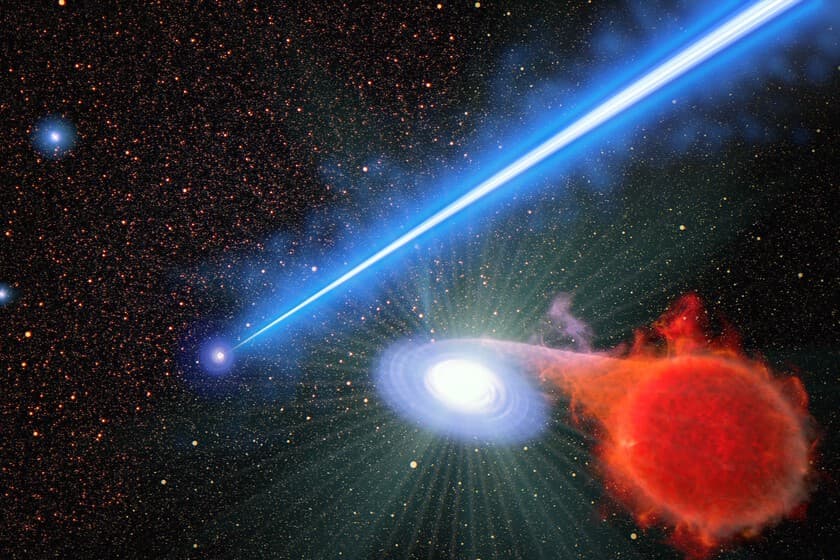 Ilustración de un agujero negro con chorros de energía y una galaxia de fondo